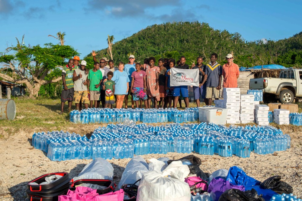 Bottled water, tinned fish, clothing and miscellany for the villages of Emae.
