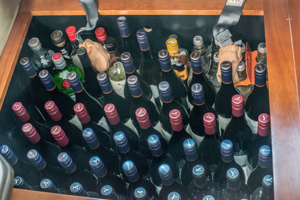 Wine and a few spirits stowed under a settee cushion in the great room. One of 3 like this, which should see us through to Australia.